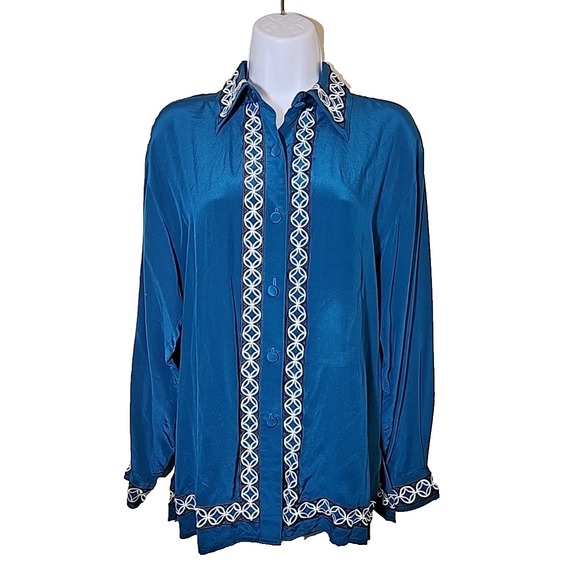 Diane Von Furstenberg Tops - Vtg Diane Von Furstenberg Embroidered Geisha Silk Blouse Women's Sz XS Teal Blue